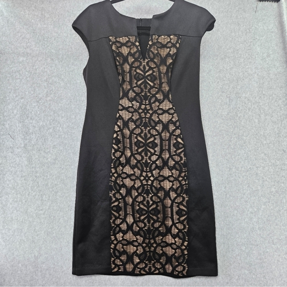 Connected Apparel Women's Petite Size 1 Black Lace-Front Cap-Sleeve Sheath Dress